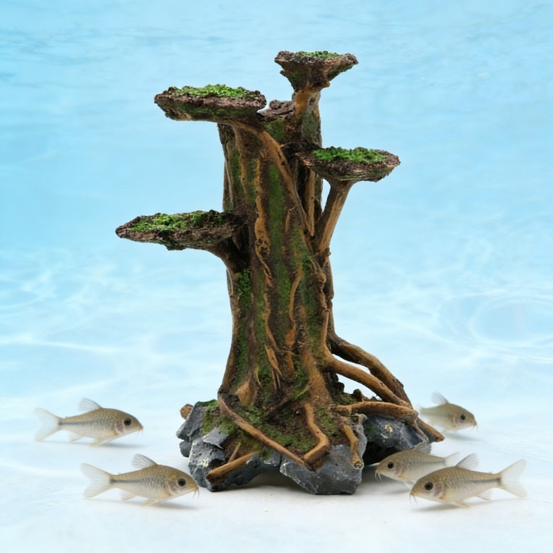 Planted Aquarium With Driftwood - Künstlicher Moosbaum, Treibholz, Aquariumdekoration, Kunstharz-Moosbaum, Wasserpflanze,